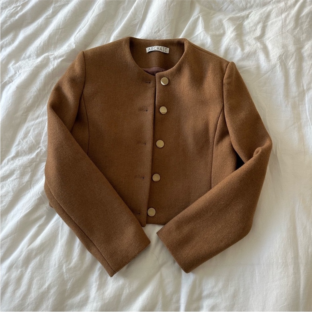 ARCHAIC Brown Cropped Collarless Wool Blazer
